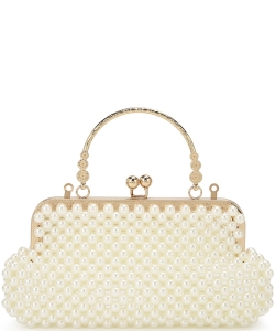 All Over Pearl Bead Handle Crossbody Bag DS-5280 WHITE